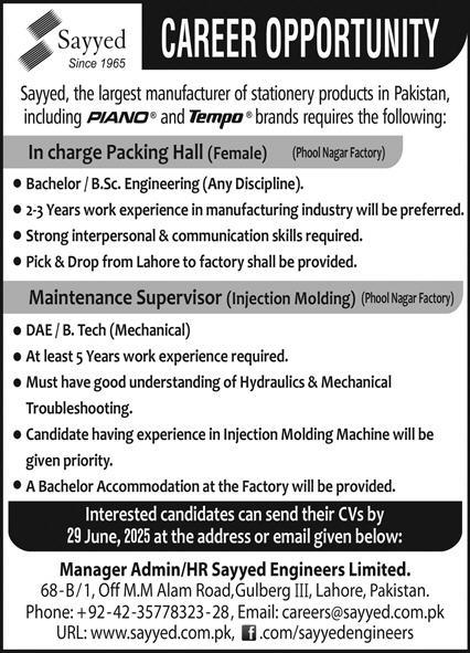 Incharge Packing Hall, Maintenance Supervisor Jobs in Sayyed Lahore